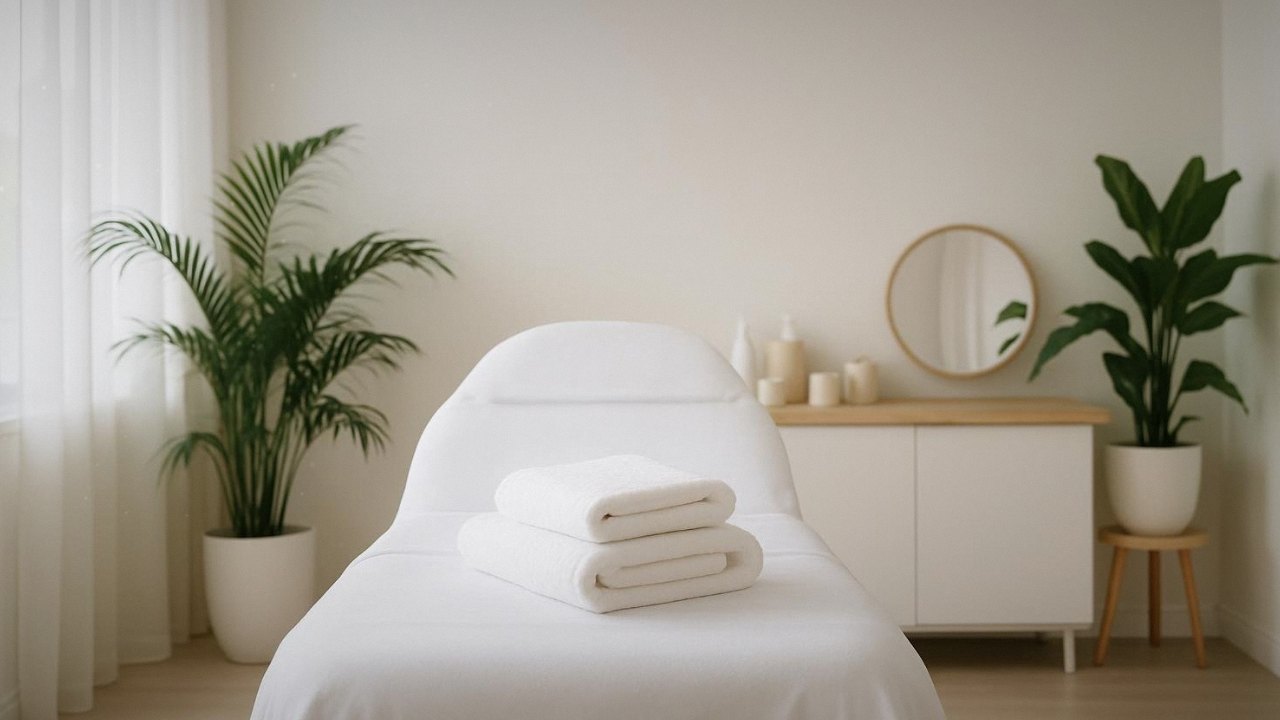 A calm white treatment room with a padded bed, folded towels and a round mirror